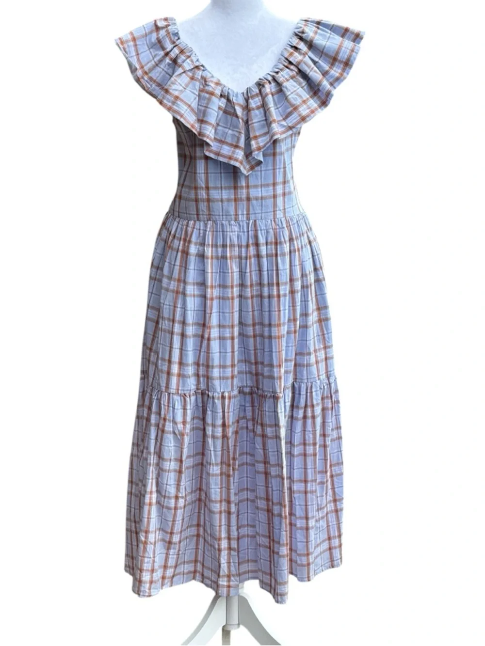NWT English Factory Plaid Ruffle Midi Dress in Light Blue and Tan size Small - Picture 6 of 14